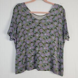 Vintage FLAX by Jeanne Engelhart Floral Short Sleeve Acetate Top sz L purple 90s